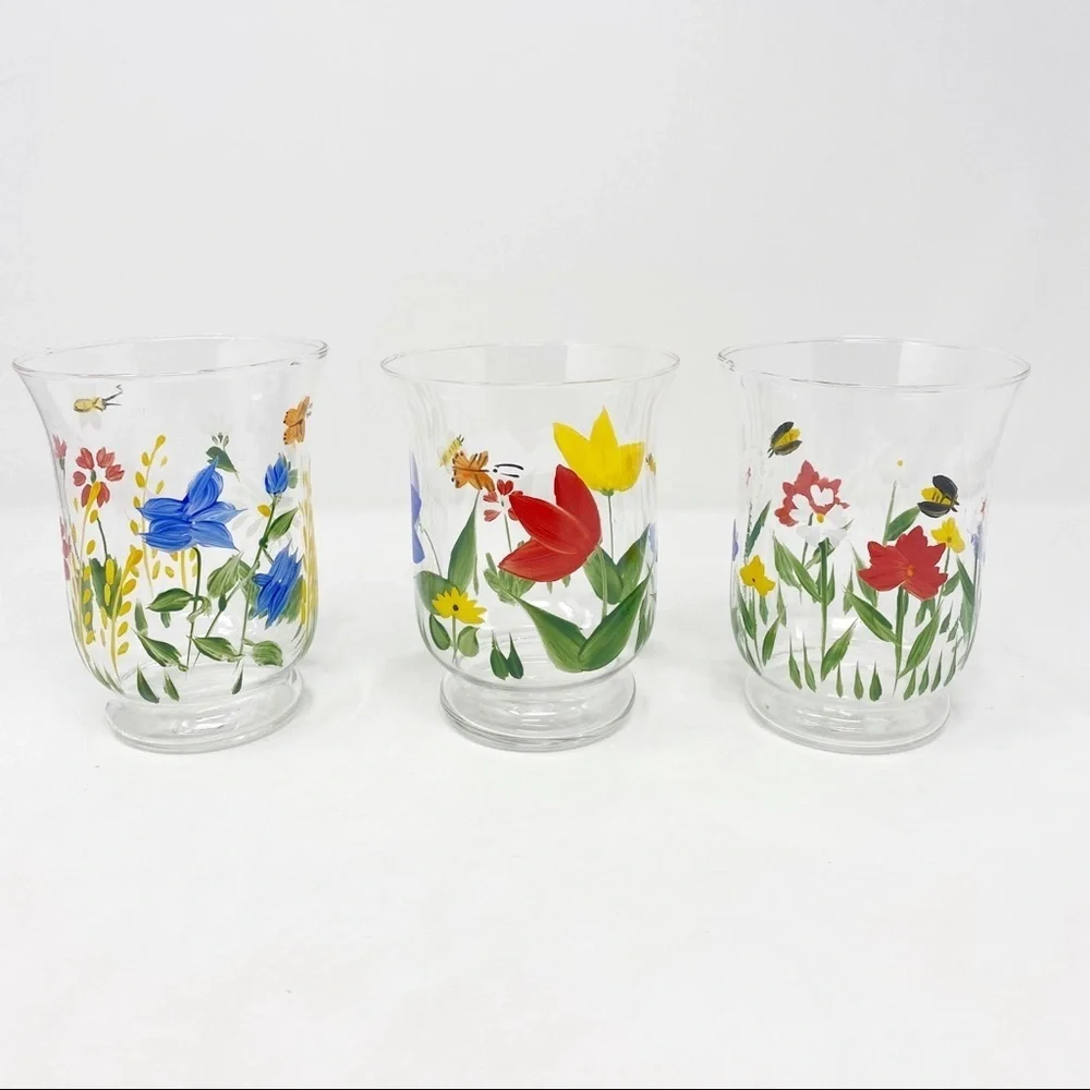 HALLMARK 3 Hand Painted Floral Candle Holders